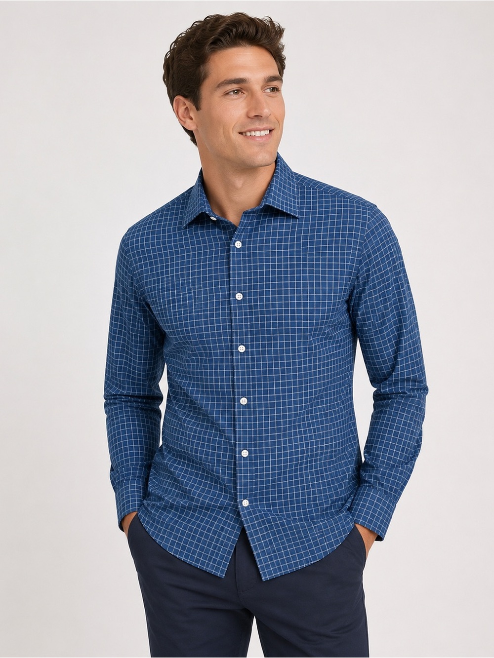 Bonobos Wrinkle Free Slim Fit Windowpane Shirt Blue Long Sleeve M Short
